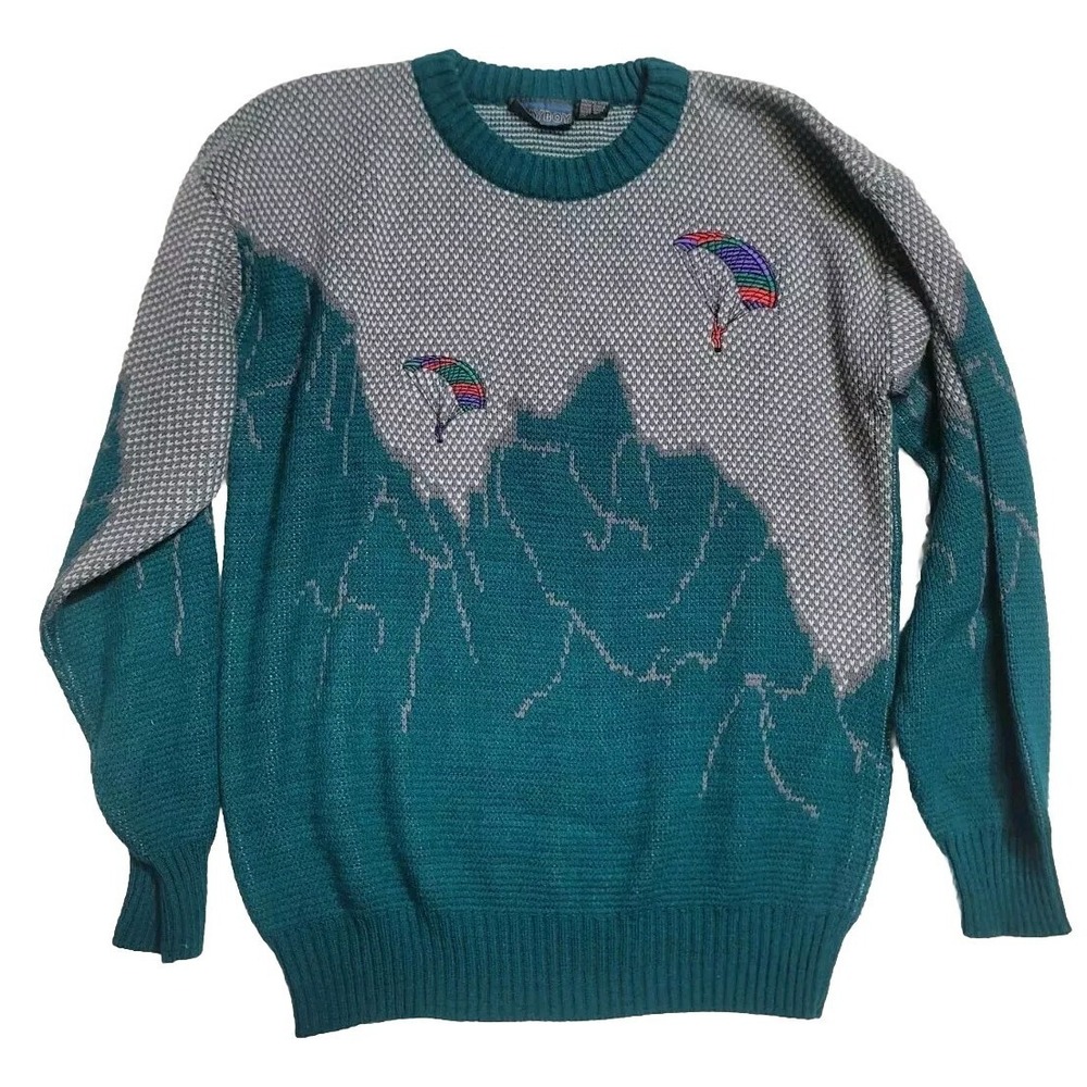 VTG 60s PLAYBOY Mountains Parachute Sweater Men Large Acrylic Teal *VERY RARE*